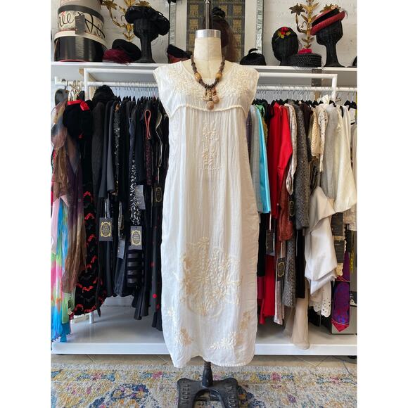 vintage 1970s embroidered ivory cotton Mexican dress puebla oaxacan tunic boho - Picture 2 of 13